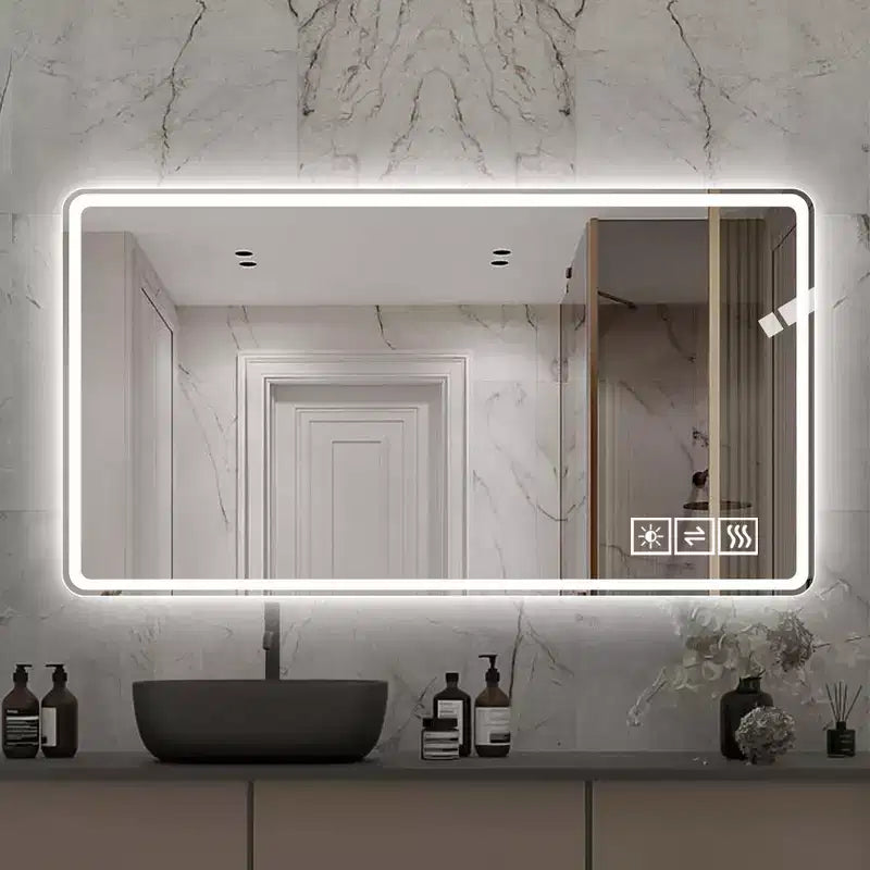 Miroir de salle de bain LED en aluminium argenté de 48 po, simple, anti-buée, 3 températures de couleur