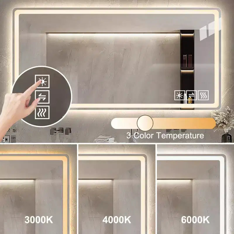 Miroir de salle de bain LED en aluminium argenté de 48 po, simple, anti-buée, 3 températures de couleur