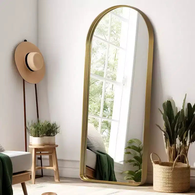 Miroir pleine longueur Arche dorée, cadre en aluminium, autoportant, utilisation multi-personnes