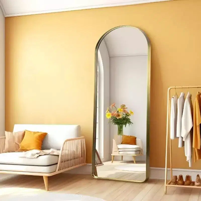 Miroir pleine longueur Arche dorée, cadre en aluminium, autoportant, utilisation multi-personnes