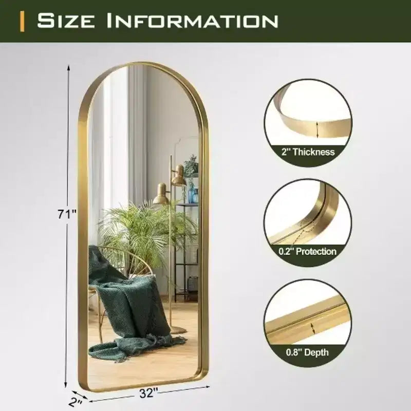 Miroir pleine longueur Arche dorée, cadre en aluminium, autoportant, utilisation multi-personnes