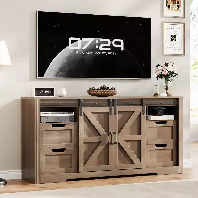 Meuble TV Noyer avec Portes Coulissantes Type Grange & 4 Tiroirs, Convient aux TV jusqu'à 70"