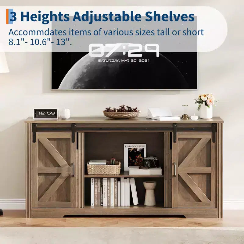 Meuble TV Noyer avec Portes Coulissantes Type Grange & 4 Tiroirs, Convient aux TV jusqu'à 70"