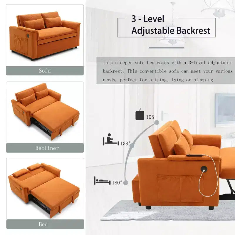 Canapé-lit convertible 2 places en velours beige/noir/gris foncé/orange avec poches latérales et dossier réglable