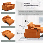 Canapé-lit convertible 2 places en velours beige/noir/gris foncé/orange avec poches latérales et dossier réglable