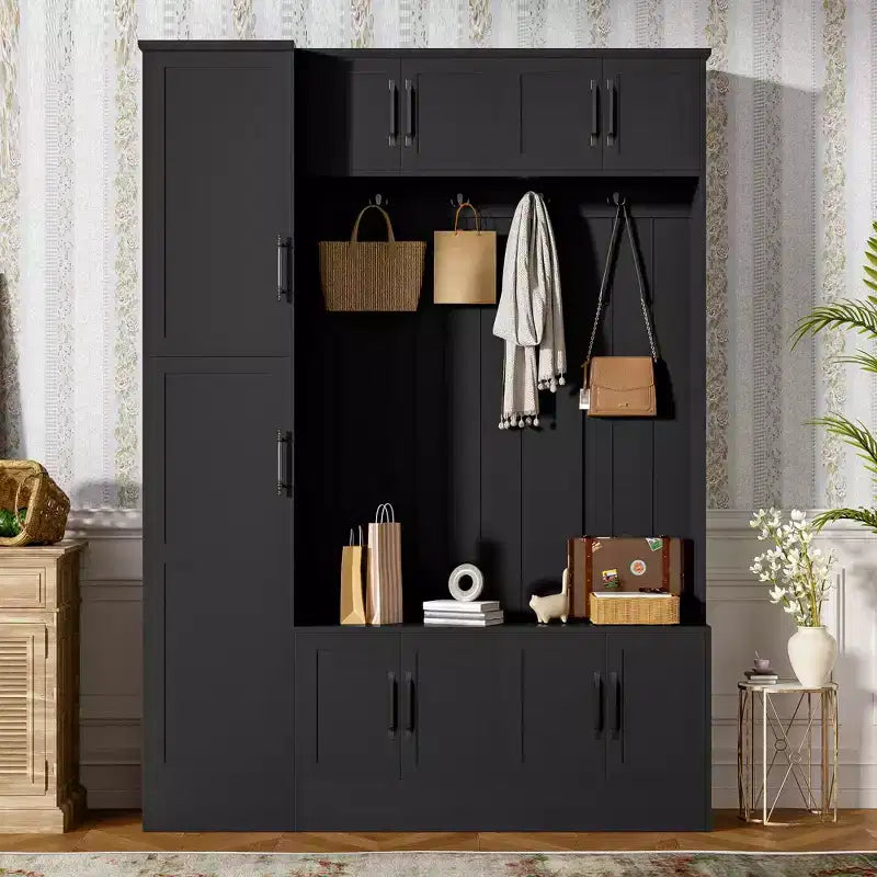Okak 79IN Modern Hall Tree with 6 Cabinets and 4 Coat Hooks, Coat Rack with Shoe Storage Bench and Adjustable Shelf for Hallway, Living Room, Black