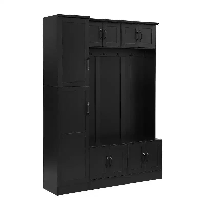 Arbre d'entrée noir avec 6 armoires, 4 patères et un banc de rangement pour chaussures