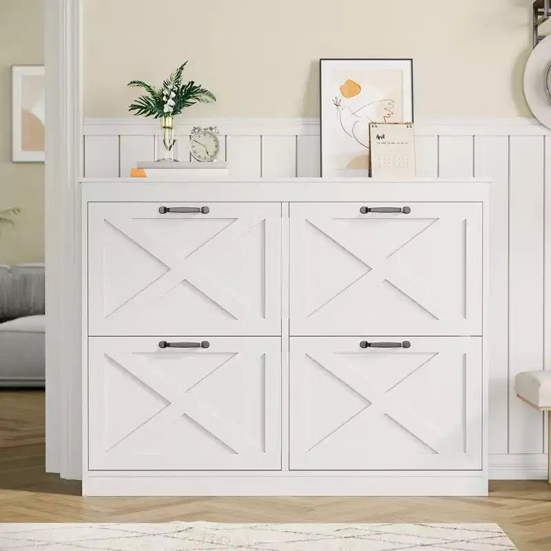 Shoe Storage Cabinet with 4 Flip Drawers, Hidden Wide Shoe Storage Organizer Cabinet, Simple and Elegant, Freestanding Wood Shoe Rack Cabinet