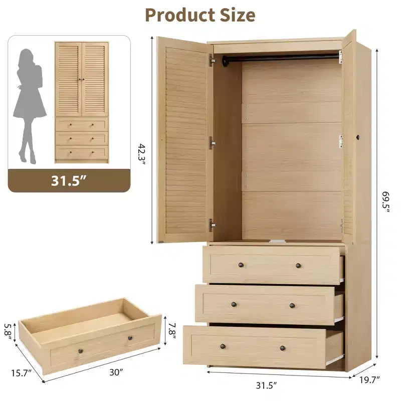 Armoire double battante bois naturel / blanc avec tringle et 3 tiroirs, 1 personne