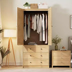 Armoire double battante bois naturel / blanc avec tringle et 3 tiroirs, 1 personne
