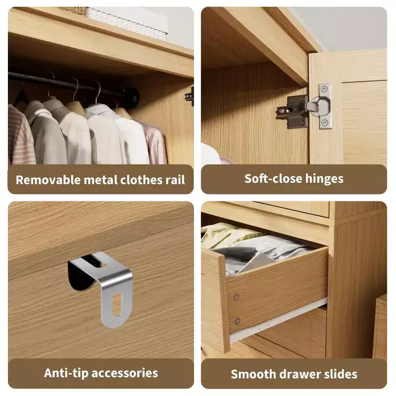 Armoire double battante bois naturel / blanc avec tringle et 3 tiroirs, 1 personne