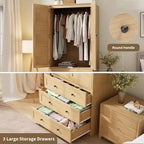 Armoire double battante bois naturel / blanc avec tringle et 3 tiroirs, 1 personne