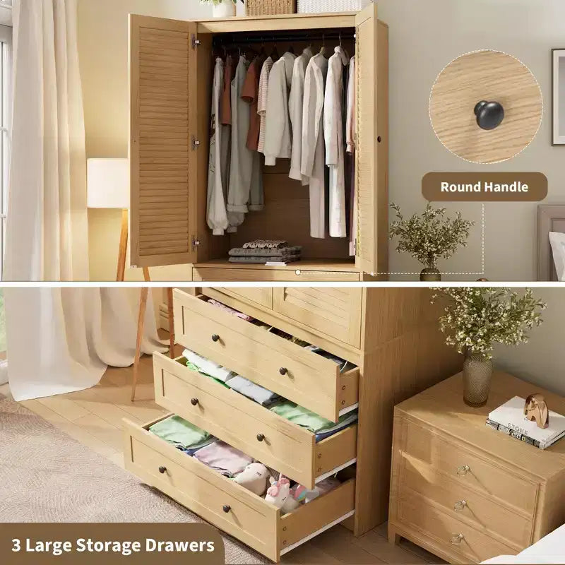 Armoire double battante bois naturel / blanc avec tringle et 3 tiroirs, 1 personne