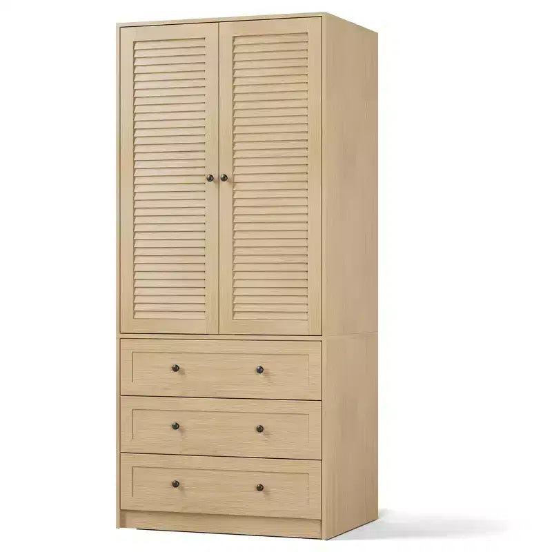 Armoire double battante bois naturel / blanc avec tringle et 3 tiroirs, 1 personne