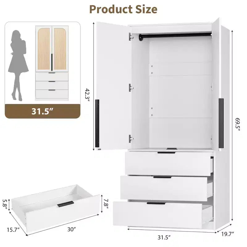 Armoire double battante bois naturel / blanc avec tringle et 3 tiroirs, 1 personne