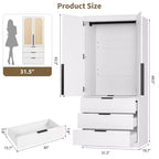 Armoire double battante bois naturel / blanc avec tringle et 3 tiroirs, 1 personne