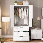 Armoire double battante bois naturel / blanc avec tringle et 3 tiroirs, 1 personne