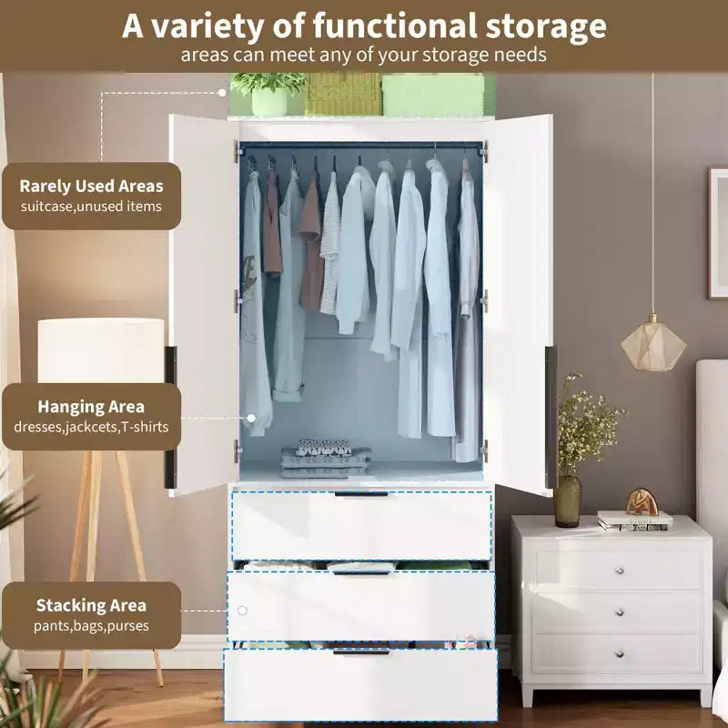 Armoire double battante bois naturel / blanc avec tringle et 3 tiroirs, 1 personne
