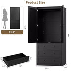Armoire double battante bois naturel / blanc avec tringle et 3 tiroirs, 1 personne