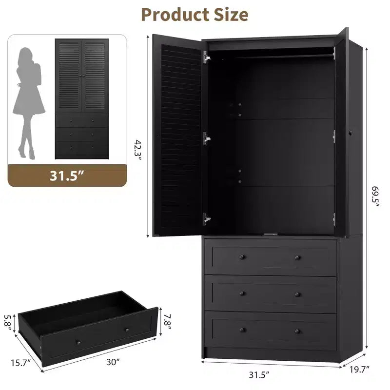 Armoire double battante bois naturel / blanc avec tringle et 3 tiroirs, 1 personne