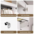 Armoire double battante bois naturel / blanc avec tringle et 3 tiroirs, 1 personne