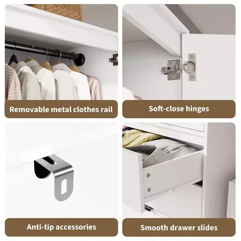 Armoire double battante bois naturel / blanc avec tringle et 3 tiroirs, 1 personne