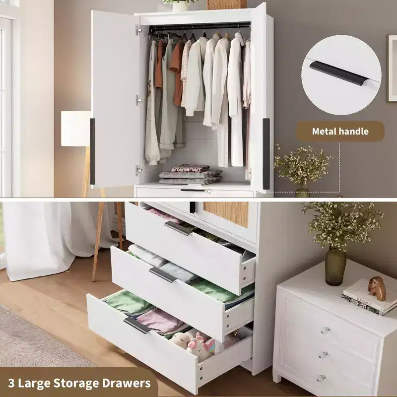 Armoire double battante bois naturel / blanc avec tringle et 3 tiroirs, 1 personne