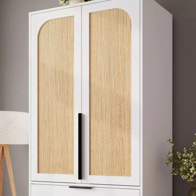 Armoire double battante bois naturel / blanc avec tringle et 3 tiroirs, 1 personne