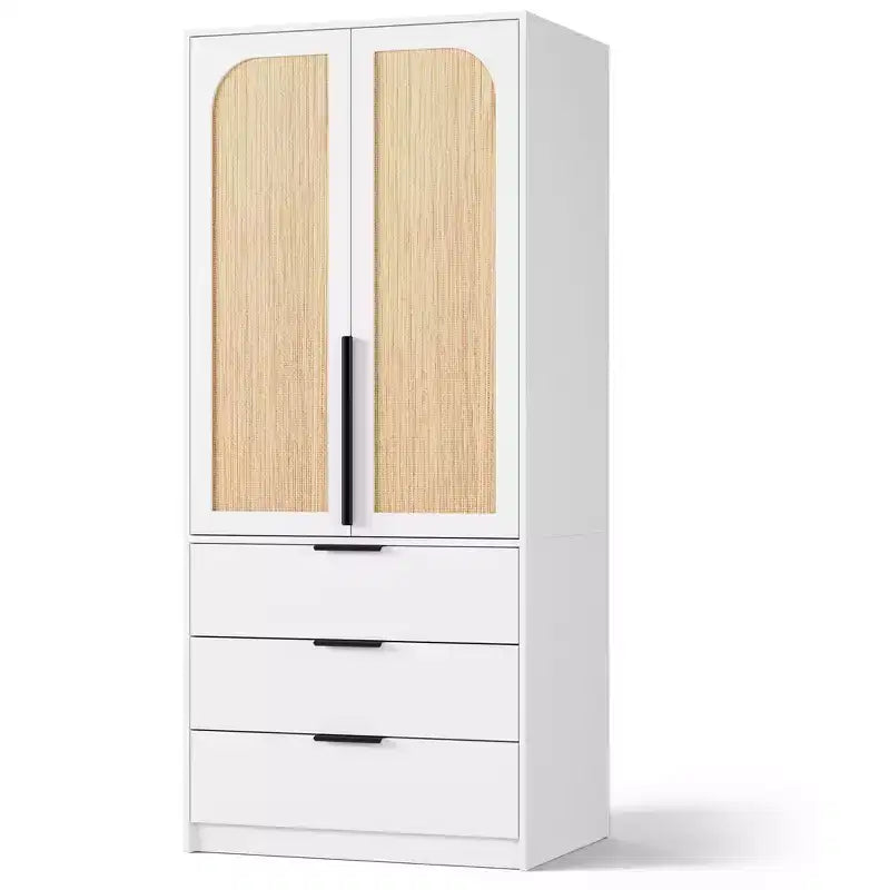 Armoire double battante bois naturel / blanc avec tringle et 3 tiroirs, 1 personne