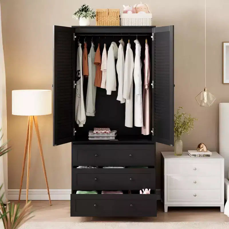 Armoire double battante bois naturel / blanc avec tringle et 3 tiroirs, 1 personne