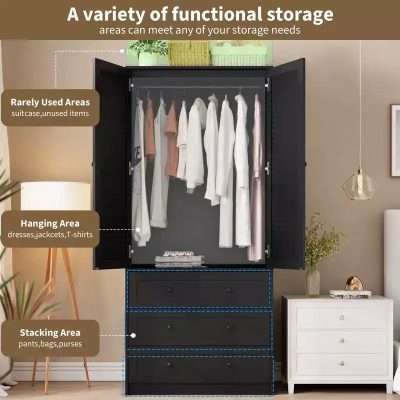 Armoire double battante bois naturel / blanc avec tringle et 3 tiroirs, 1 personne