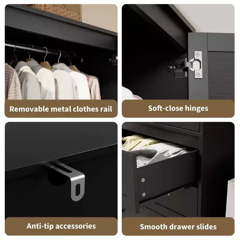 Armoire double battante bois naturel / blanc avec tringle et 3 tiroirs, 1 personne