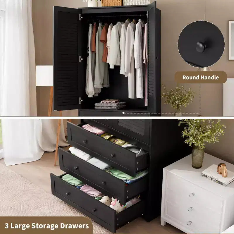 Armoire double battante bois naturel / blanc avec tringle et 3 tiroirs, 1 personne