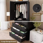 Armoire double battante bois naturel / blanc avec tringle et 3 tiroirs, 1 personne