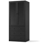Armoire double battante bois naturel / blanc avec tringle et 3 tiroirs, 1 personne