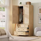 Armoire double battante bois naturel / blanc avec tringle et 3 tiroirs, 1 personne