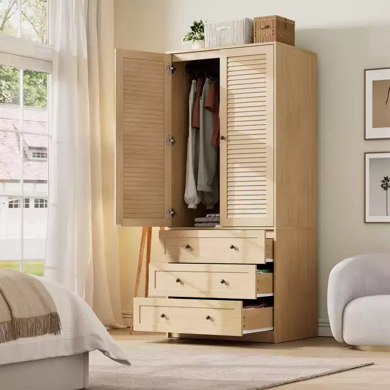 Armoire double battante bois naturel / blanc avec tringle et 3 tiroirs, 1 personne