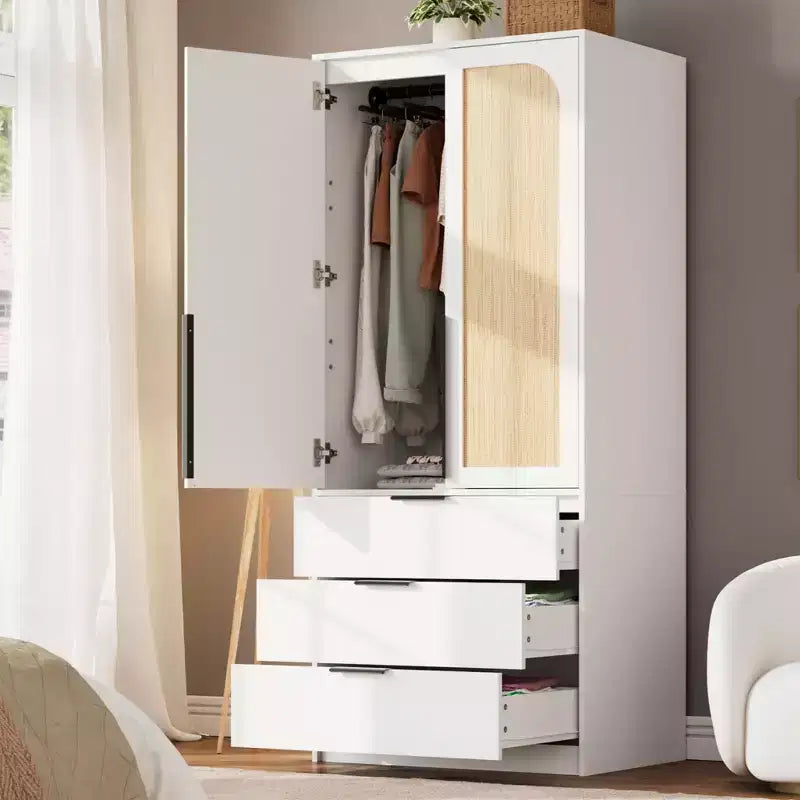 Armoire double battante bois naturel / blanc avec tringle et 3 tiroirs, 1 personne