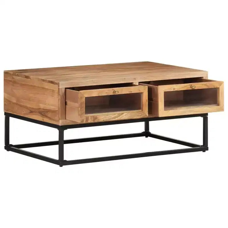 Table basse rectangulaire en bois d'acacia noir et marron avec tiroirs