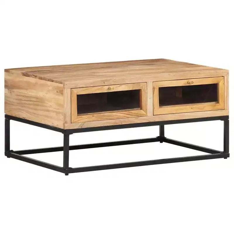 Table basse rectangulaire en bois d'acacia noir et marron avec tiroirs