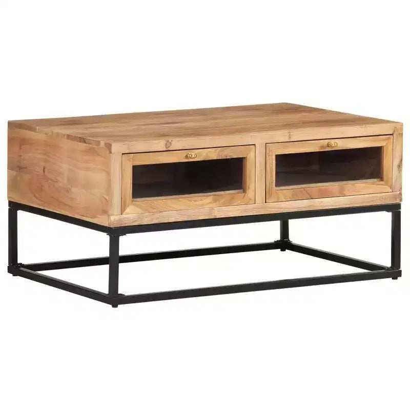 Table basse rectangulaire en bois d'acacia noir et marron avec tiroirs