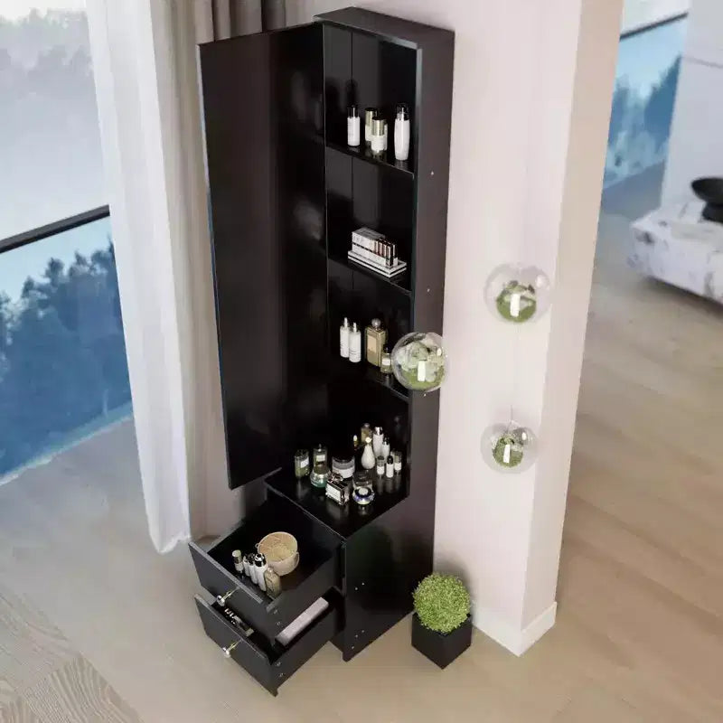 Meuble miroir sur pied toute hauteur avec 2 tiroirs, Noir/Blanc, Une personne