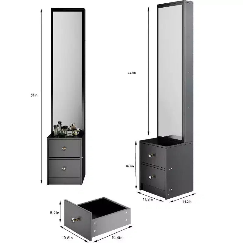 Meuble miroir sur pied toute hauteur avec 2 tiroirs, Noir/Blanc, Une personne