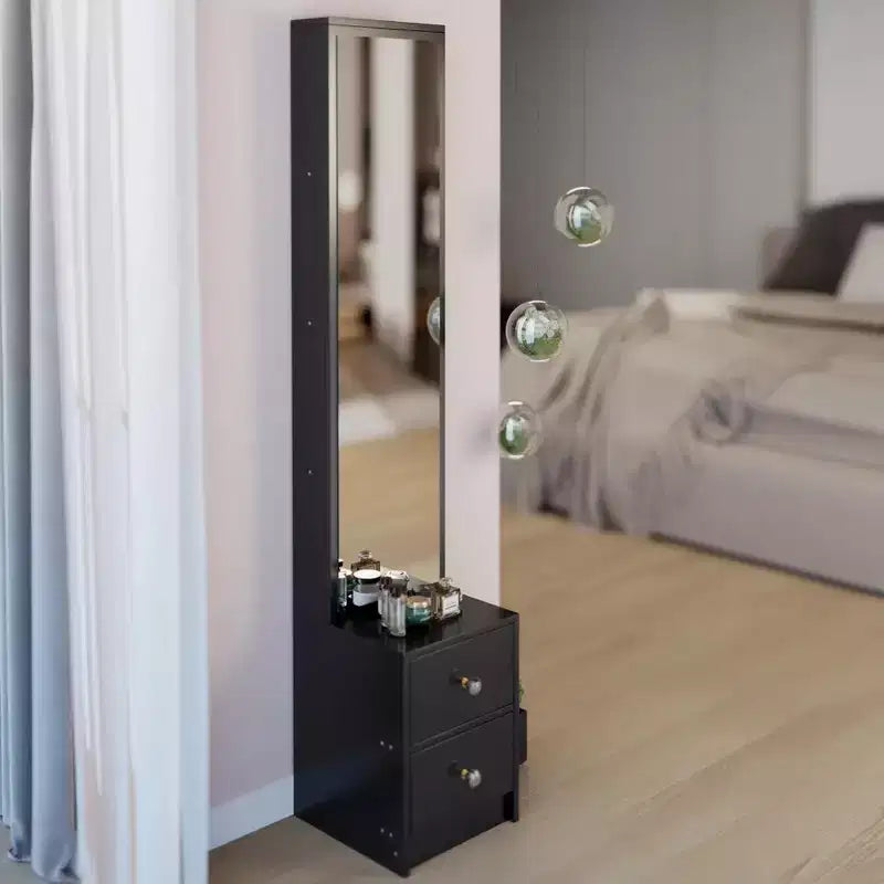 Meuble miroir sur pied toute hauteur avec 2 tiroirs, Noir/Blanc, Une personne