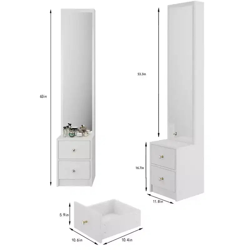 Meuble miroir sur pied toute hauteur avec 2 tiroirs, Noir/Blanc, Une personne