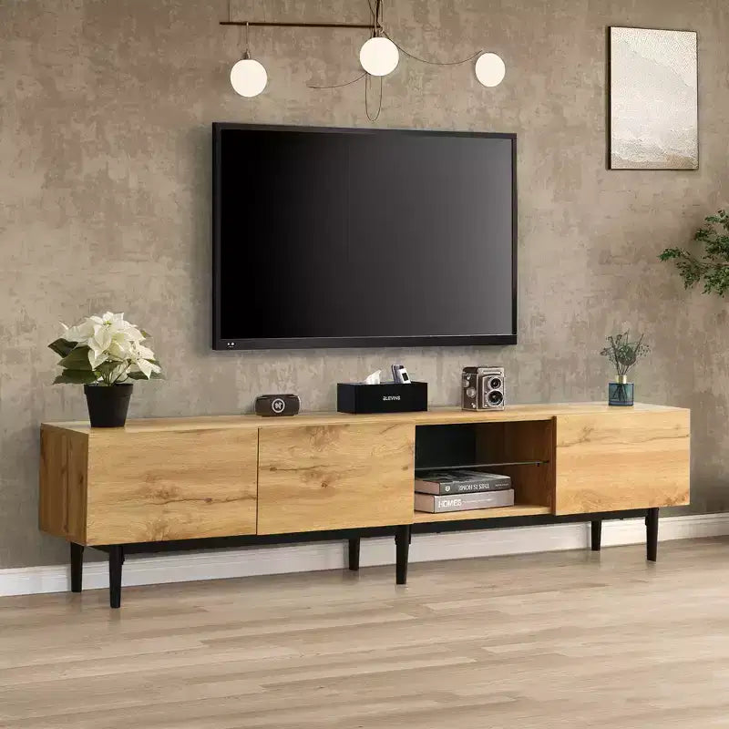 Meuble TV Moderne Noir avec Lumière LED, 4 Armoires et Étagères Ouvertes, Convient aux TV jusqu'à 80"