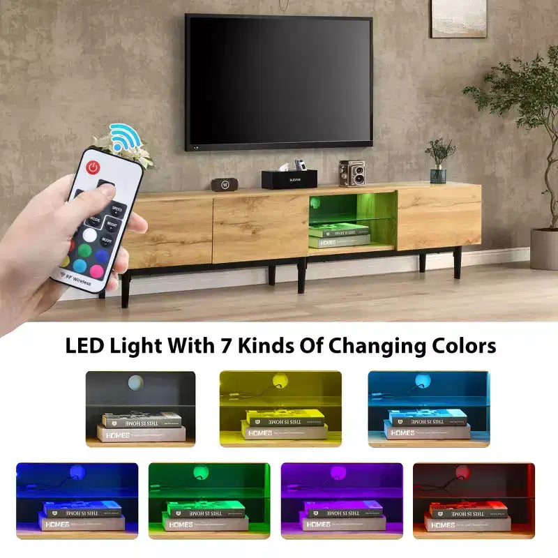 Meuble TV Moderne Noir avec Lumière LED, 4 Armoires et Étagères Ouvertes, Convient aux TV jusqu'à 80"