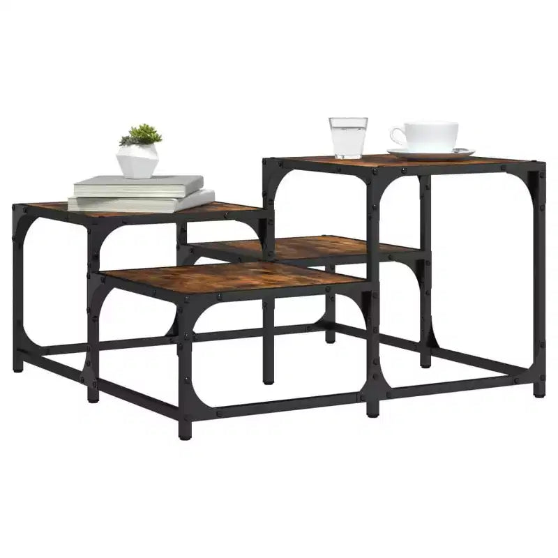 Table basse carrée – Chêne noir / Chêne brun / Chêne fumé, MDF et pieds en métal