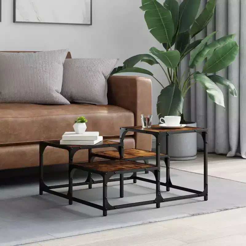 Table basse carrée – Chêne noir / Chêne brun / Chêne fumé, MDF et pieds en métal
