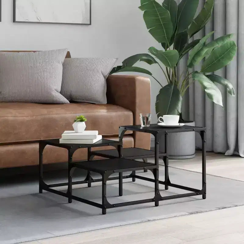 Table basse carrée – Chêne noir / Chêne brun / Chêne fumé, MDF et pieds en métal
